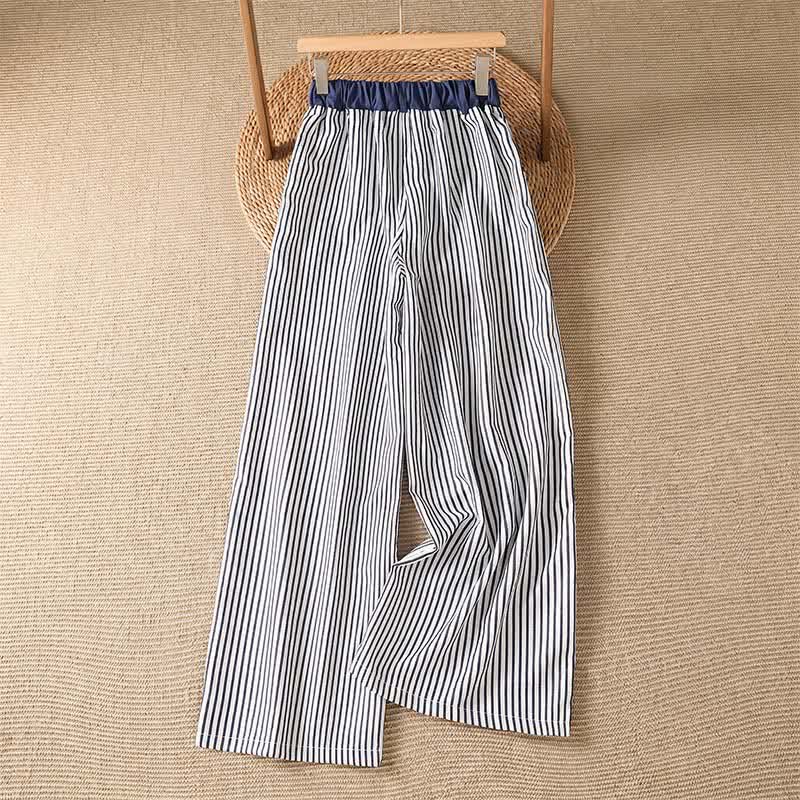 Buddha Stones Pantalon long rayé à cordon de serrage et poches, style décontracté d'été pour femme - image 1
