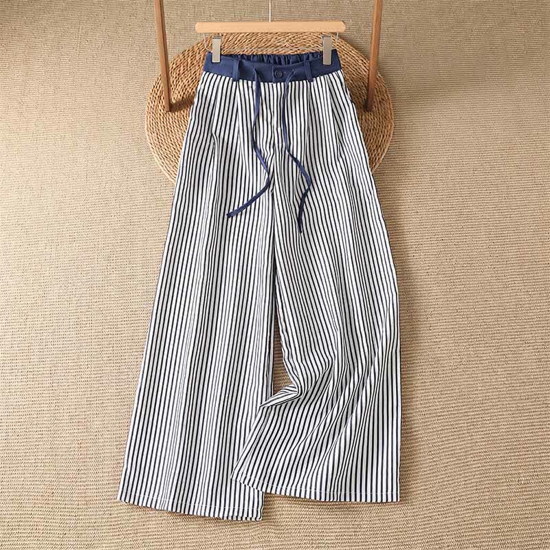 Buddha Stones Pantalon long rayé à cordon de serrage et poches, style décontracté d'été pour femme - Bleu foncé - US8-10, UK/AU12-14, EU40-42 (2XL) - image 0