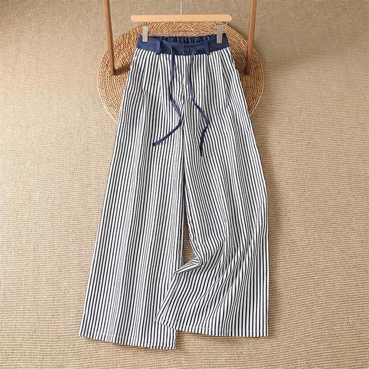Buddha Stones Pantalon long rayé à cordon de serrage et poches, style décontracté d'été pour femme - Bleu foncé - US8-10, UK/AU12-14, EU40-42 (2XL) - image 0