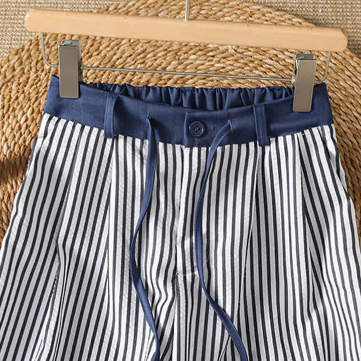 Buddha Stones Pantalon long rayé à cordon de serrage et poches, style décontracté d'été pour femme - image 3