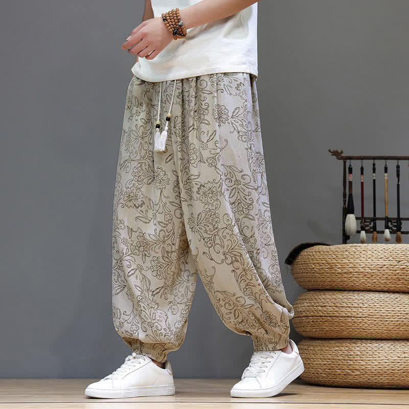 Buddha Stones Pantalon harem d'été décontracté vintage à cordon de serrage et imprimé floral, avec poches. - Blanc - US/UK/AU46, EU56 (5XL) - image 0