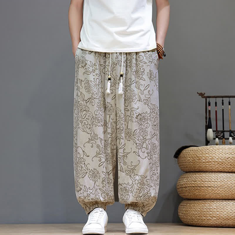 Buddha Stones Pantalon harem d'été décontracté vintage à cordon de serrage et imprimé floral, avec poches. - image 1