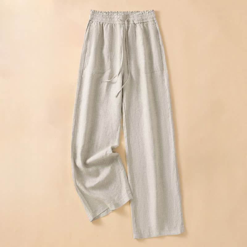 Buddha Stones Pantalon d'été minimaliste décontracté à cordon de serrage, coupe droite, avec poches, longueur cheville. - Beige - US8-10, UK/AU12-14, EU40-42 (2XL) - image 0