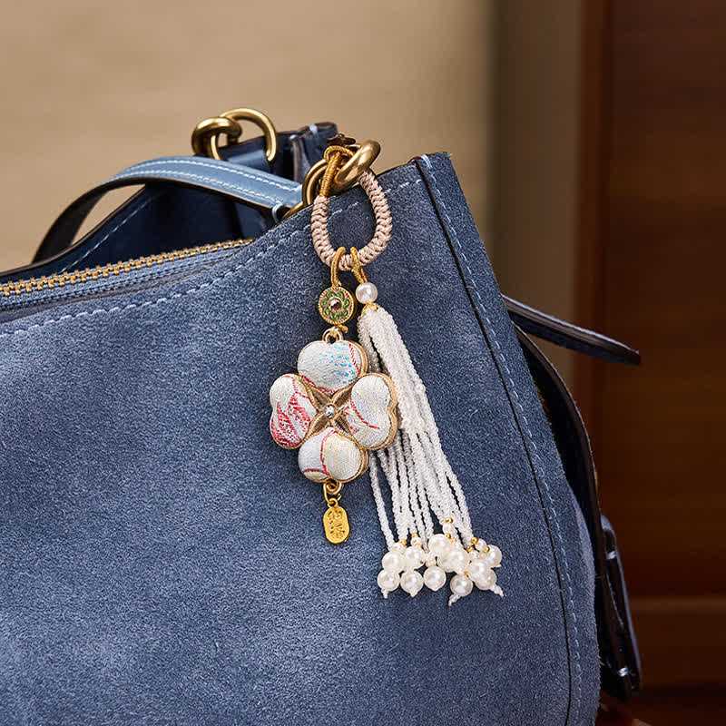 Buddha Stones Porte-clés à pompon en brocart Song, trèfle à quatre feuilles, personnage Fu, porte-bonheur et richesse - image 17