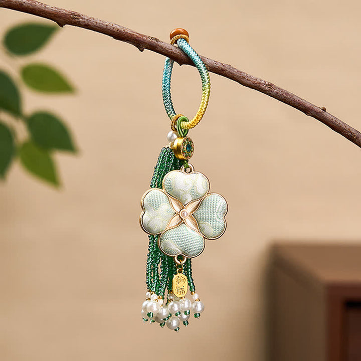 Buddha Stones Porte-clés à pompon en brocart Song, trèfle à quatre feuilles, personnage Fu, porte-bonheur et richesse - Vert - image 0
