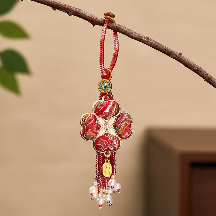 Buddha Stones Porte-clés à pompon en brocart Song, trèfle à quatre feuilles, personnage Fu, porte-bonheur et richesse - Rouge - image 10