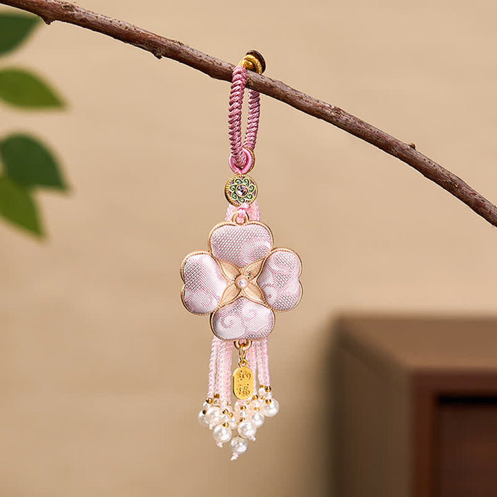 Buddha Stones Porte-clés à pompon en brocart Song, trèfle à quatre feuilles, personnage Fu, porte-bonheur et richesse - Rose - image 6