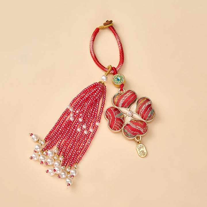 Buddha Stones Porte-clés à pompon en brocart Song, trèfle à quatre feuilles, personnage Fu, porte-bonheur et richesse - image 11