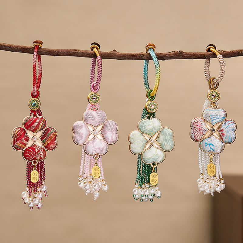 Buddha Stones Porte-clés à pompon en brocart Song, trèfle à quatre feuilles, personnage Fu, porte-bonheur et richesse - image 18