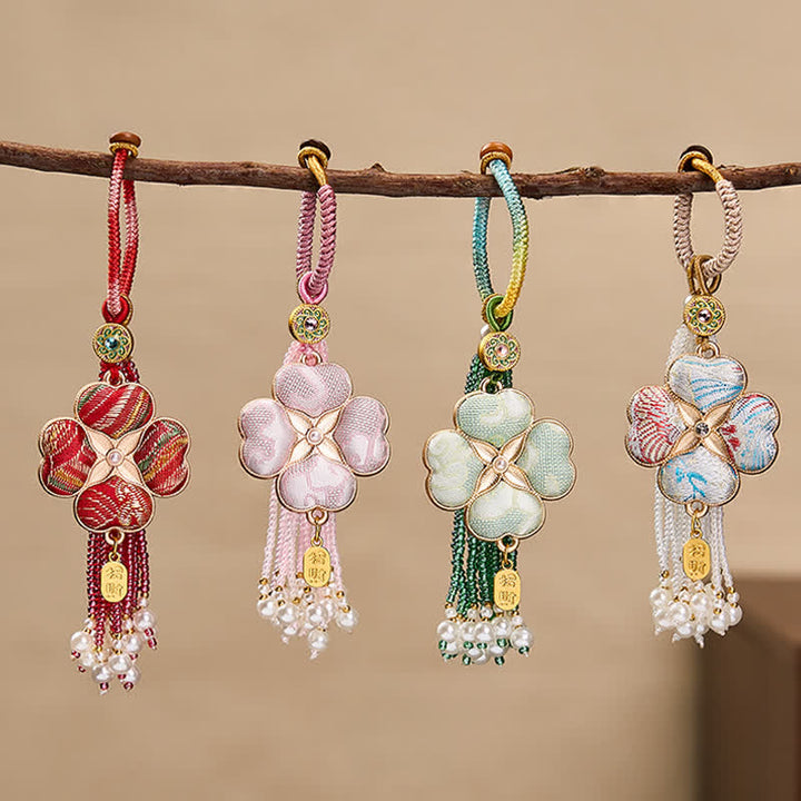Buddha Stones Porte-clés à pompon en brocart Song, trèfle à quatre feuilles, personnage Fu, porte-bonheur et richesse - image 18