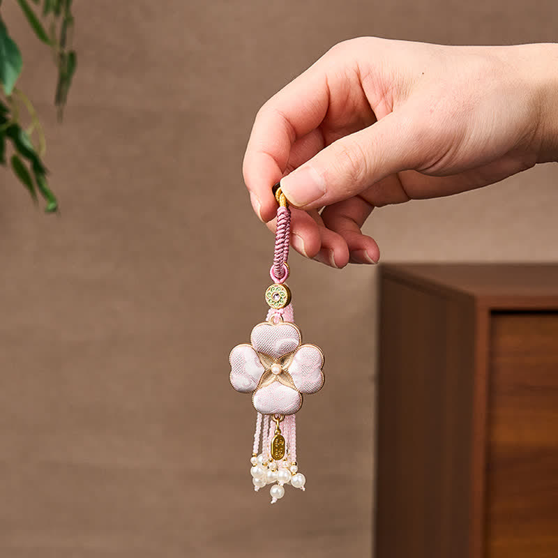Buddha Stones Porte-clés à pompon en brocart Song, trèfle à quatre feuilles, personnage Fu, porte-bonheur et richesse - image 8