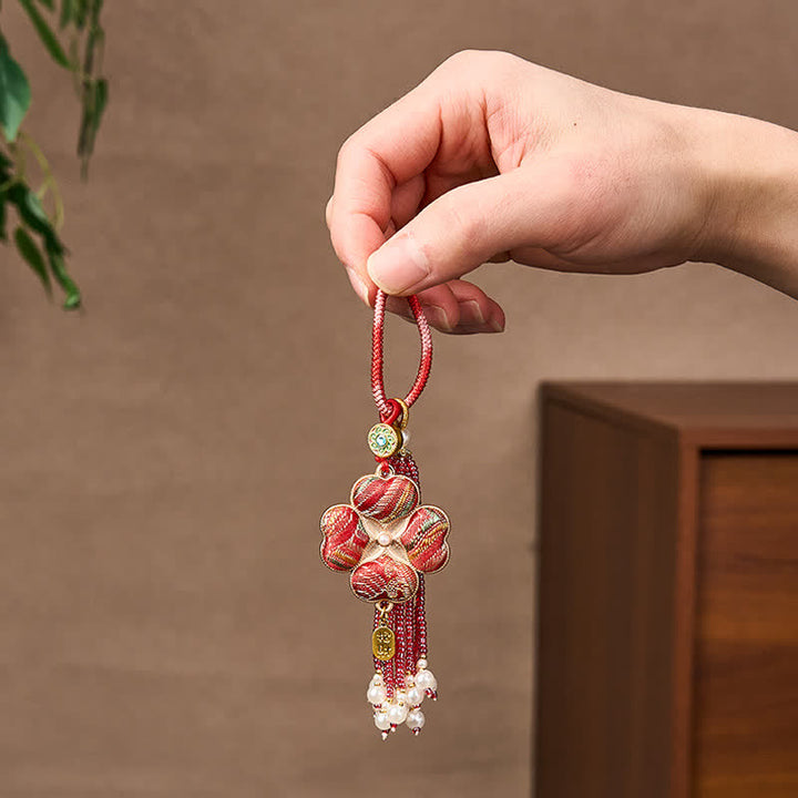 Buddha Stones Porte-clés à pompon en brocart Song, trèfle à quatre feuilles, personnage Fu, porte-bonheur et richesse - image 12