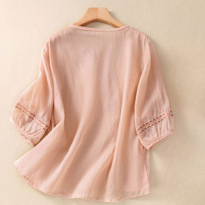 T-shirt femme à col rond et manches courtes bouffantes, orné de broderies florales unies et de Buddha Stones - MistyRose - US8-10，UK/AU12-14，EU40-42 (2XL) - image 5