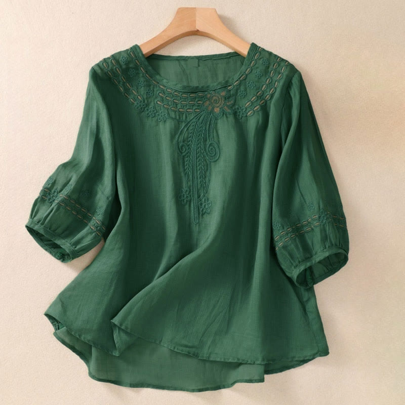 T-shirt femme à col rond et manches courtes bouffantes, orné de broderies florales unies et de Buddha Stones - Vert foncé - US8-10，UK/AU12-14，EU40-42 (2XL) - image 19