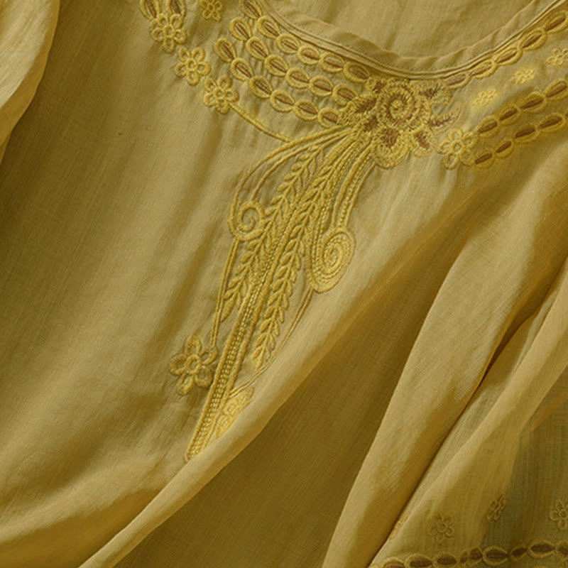T-shirt femme à col rond et manches courtes bouffantes, orné de broderies florales unies et de Buddha Stones - image 16