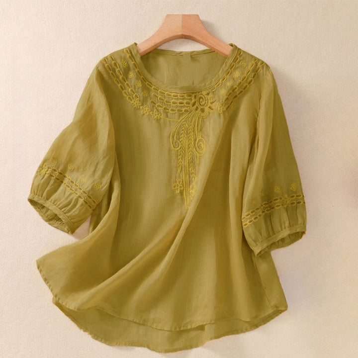 T-shirt femme à col rond et manches courtes bouffantes, orné de broderies florales unies et de Buddha Stones - DarkGoldenrod - US8-10，UK/AU12-14，EU40-42 (2XL) - image 12