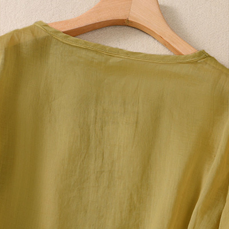T-shirt femme à col rond et manches courtes bouffantes, orné de broderies florales unies et de Buddha Stones - image 15