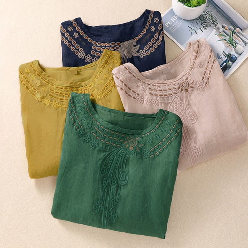 T-shirt femme à col rond et manches courtes bouffantes, orné de broderies florales unies et de Buddha Stones - image 26