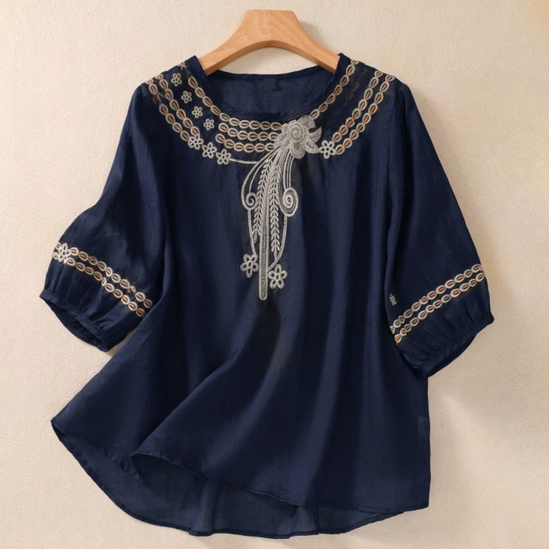 T-shirt femme à col rond et manches courtes bouffantes, orné de broderies florales unies et de Buddha Stones - Bleu ardoise foncé - US8-10，UK/AU12-14，EU40-42 (2XL) - image 0