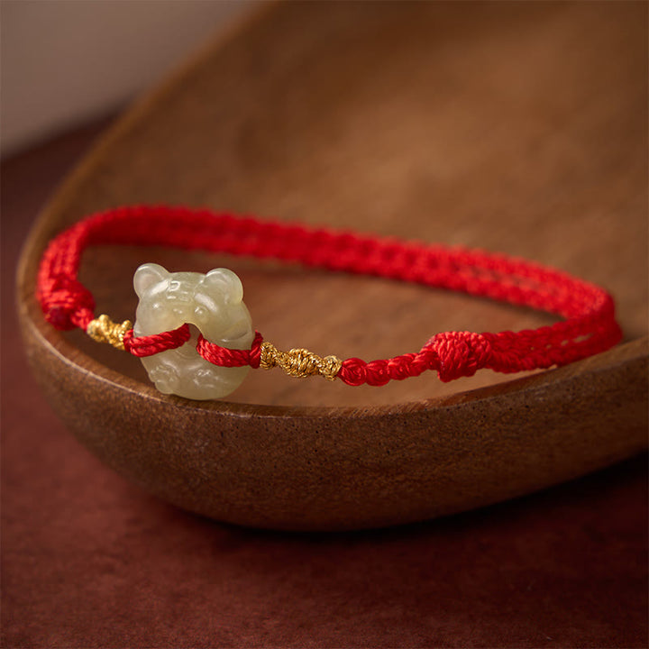 Buddha Stones Bracelet de prospérité à boucle de paix en forme de tête de tigre de jade et cordon rouge - image 2