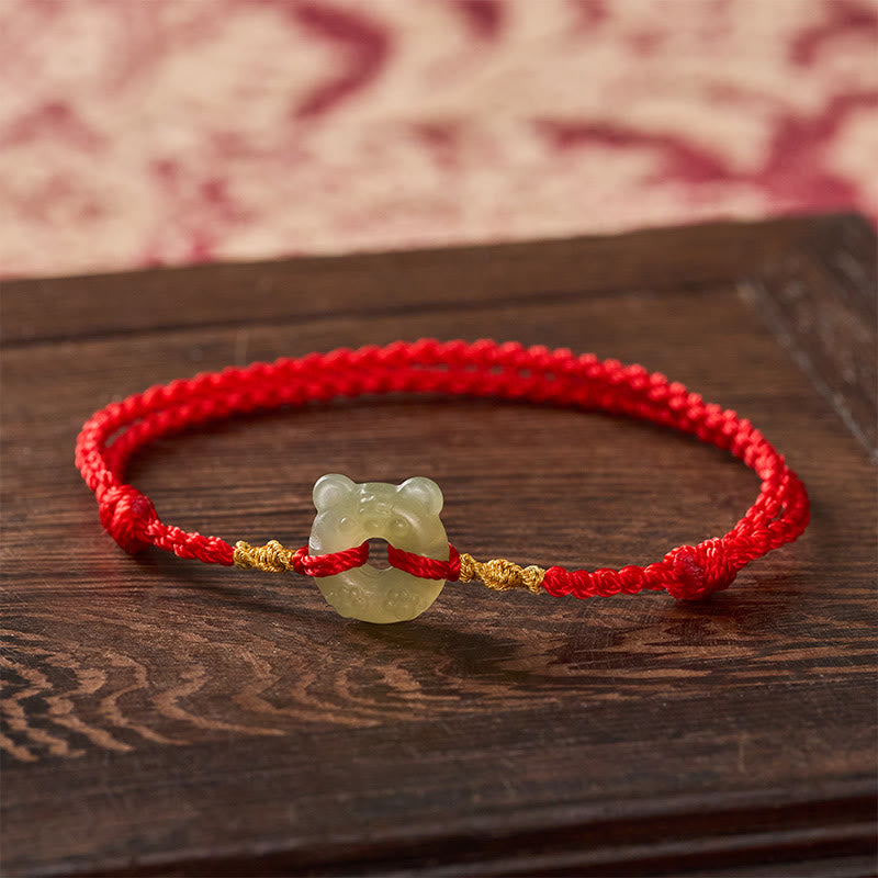 Buddha Stones Bracelet de prospérité à boucle de paix en forme de tête de tigre de jade et cordon rouge - Jade naturel (la couleur peut varier) - image 0
