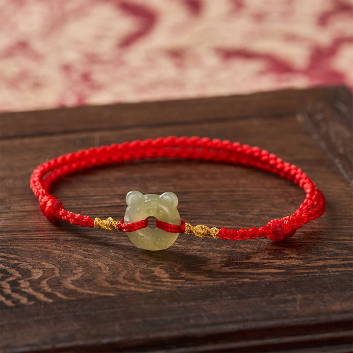 Buddha Stones Bracelet de prospérité à boucle de paix en forme de tête de tigre de jade et cordon rouge - Jade naturel (la couleur peut varier) - image 0