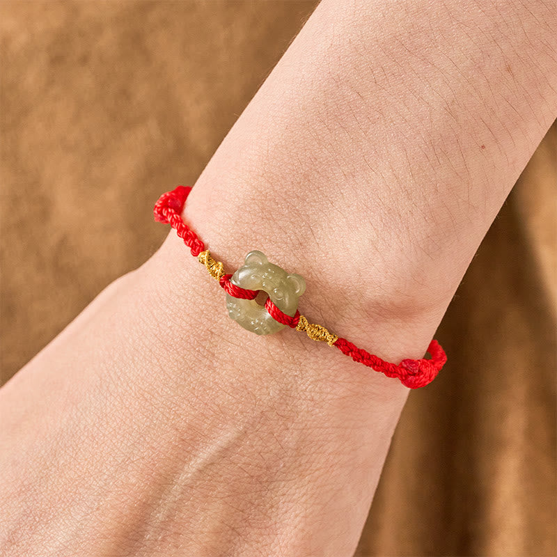 Buddha Stones Bracelet de prospérité à boucle de paix en forme de tête de tigre de jade et cordon rouge - image 4