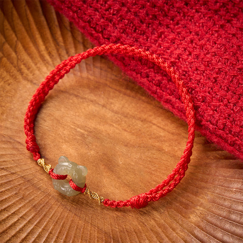 Buddha Stones Bracelet de prospérité à boucle de paix en forme de tête de tigre de jade et cordon rouge - image 1