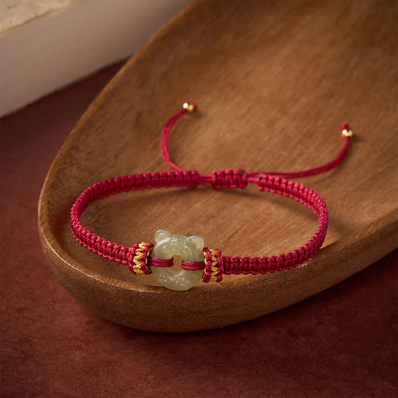 Buddha Stones Bracelet tressé rouge avec boucle de paix et motif tête de tigre en jade - image 2