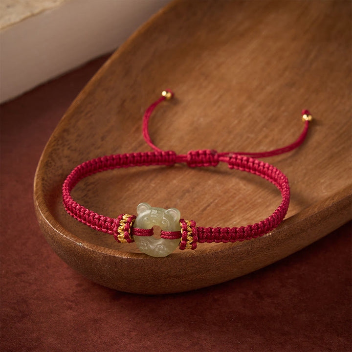 Buddha Stones Bracelet tressé rouge avec boucle de paix et motif tête de tigre en jade - image 2