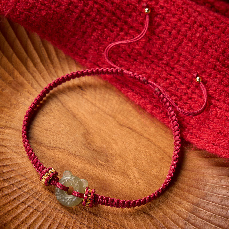 Buddha Stones Bracelet tressé rouge avec boucle de paix et motif tête de tigre en jade - image 1
