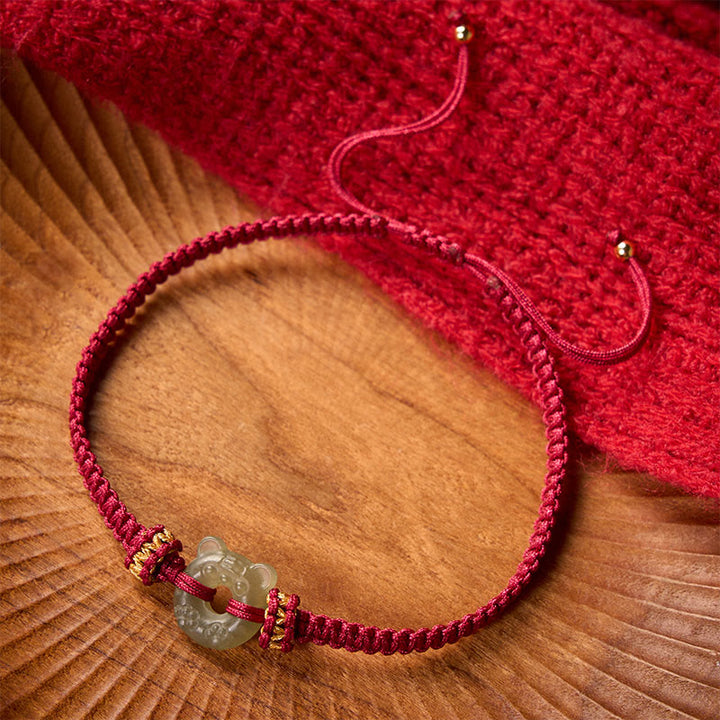 Buddha Stones Bracelet tressé rouge avec boucle de paix et motif tête de tigre en jade - image 1