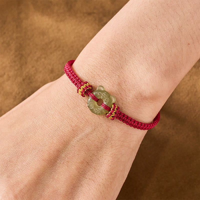 Buddha Stones Bracelet tressé rouge avec boucle de paix et motif tête de tigre en jade - image 4