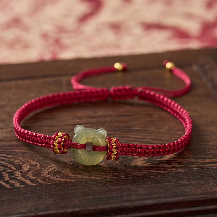 Buddha Stones Bracelet tressé rouge avec boucle de paix et motif tête de tigre en jade - Jade naturel (la couleur peut varier) - 16-18 cm - image 0