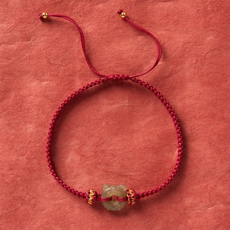 Buddha Stones Bracelet tressé rouge avec boucle de paix et motif tête de tigre en jade - image 3