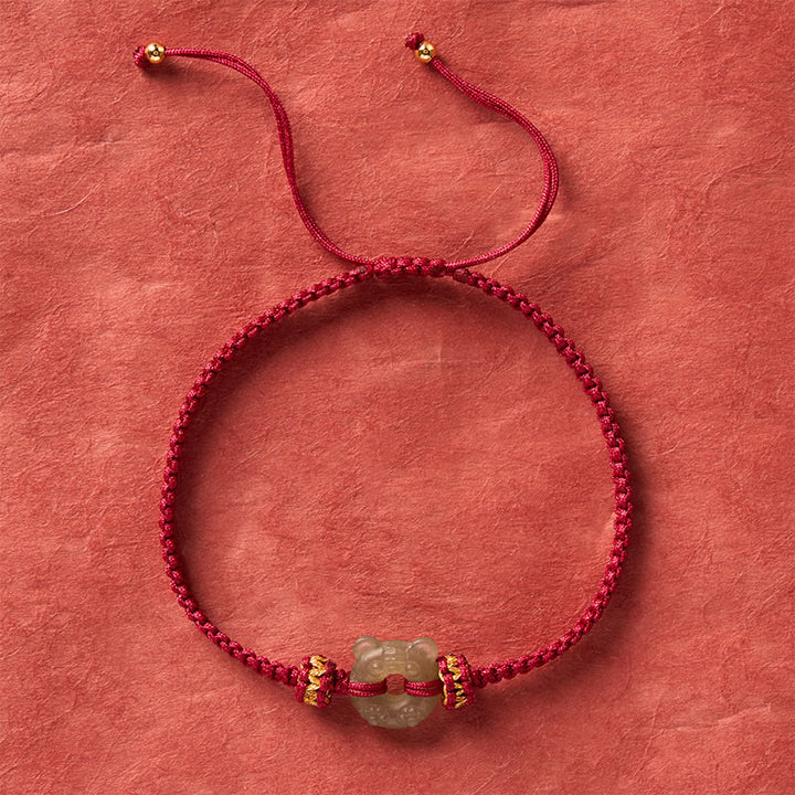 Buddha Stones Bracelet tressé rouge avec boucle de paix et motif tête de tigre en jade - image 3