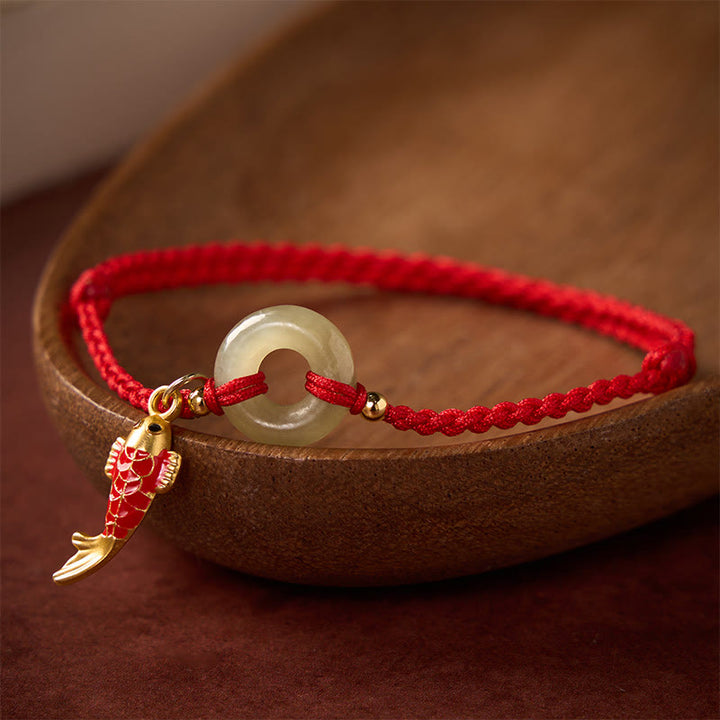 Buddha Stones Bracelet de protection avec breloque poisson koi et boucle de la paix, cordon rouge jade - image 1