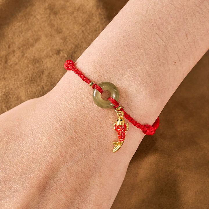 Buddha Stones Bracelet de protection avec breloque poisson koi et boucle de la paix, cordon rouge jade - image 4
