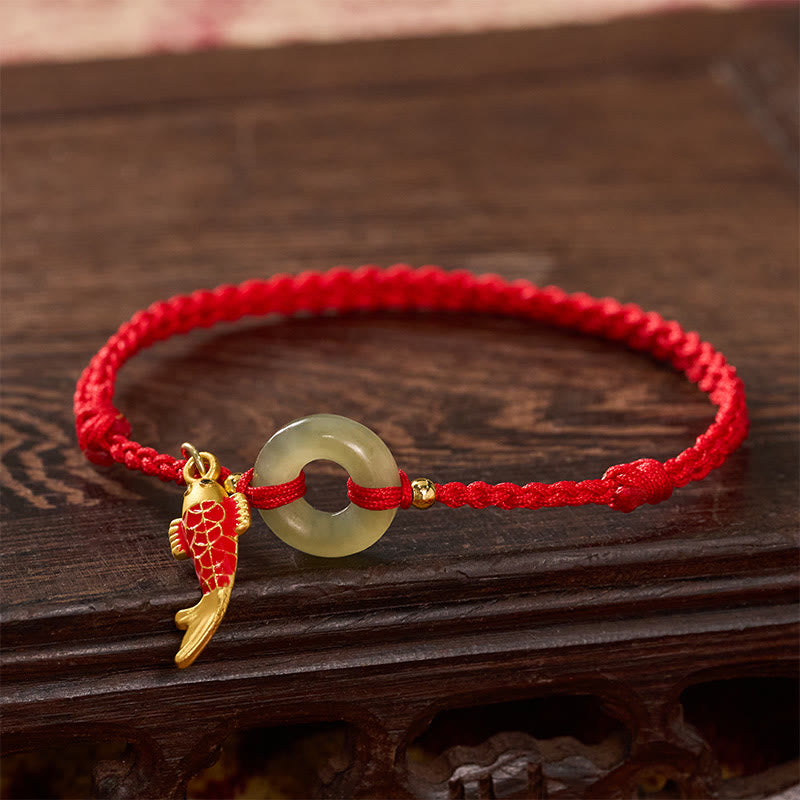 Buddha Stones Bracelet de protection avec breloque poisson koi et boucle de la paix, cordon rouge jade - image 2