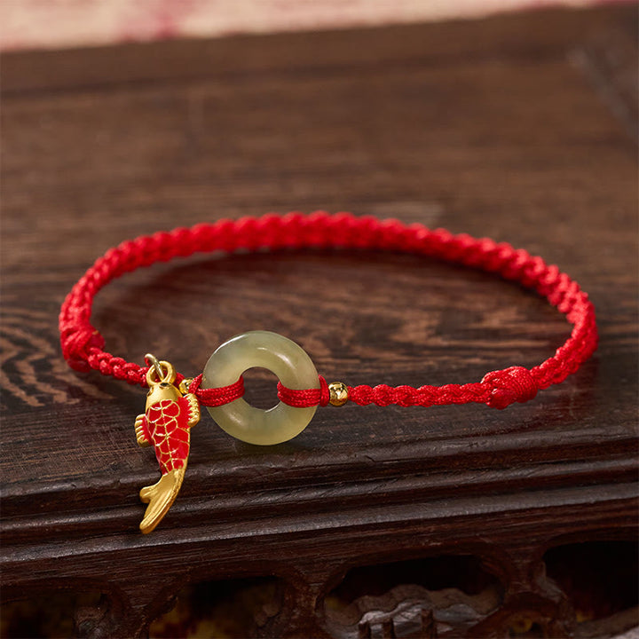 Buddha Stones Bracelet de protection avec breloque poisson koi et boucle de la paix, cordon rouge jade - image 2