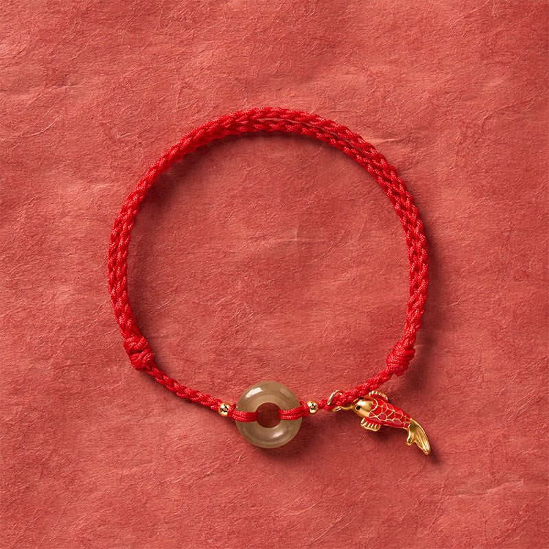 Buddha Stones Bracelet de protection avec breloque poisson koi et boucle de la paix, cordon rouge jade - image 3