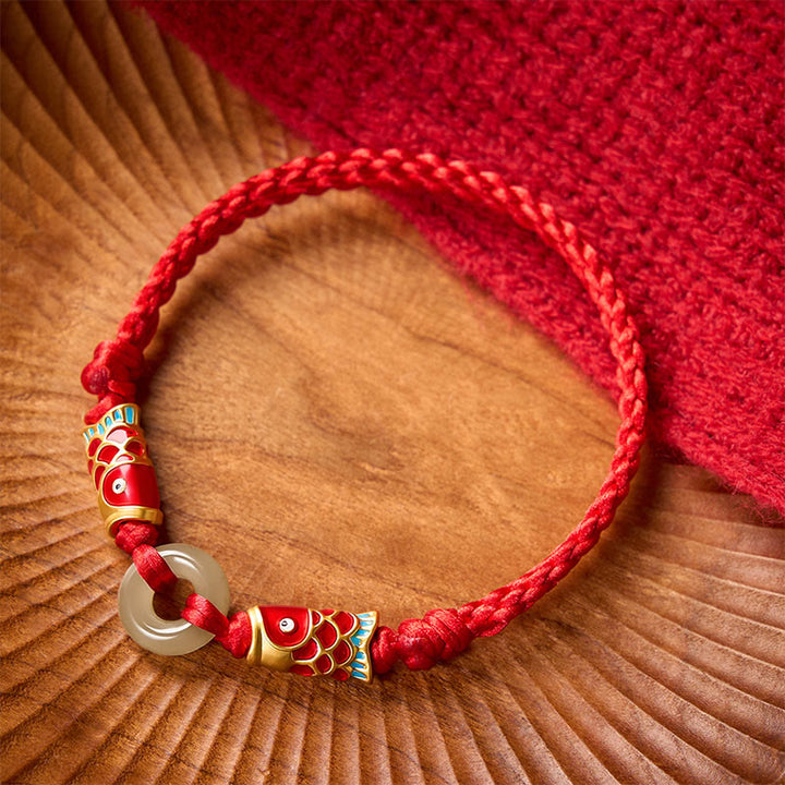 Buddha Stones Bracelet de prospérité Hetian Jade Peace Buckle Double Koi Fish à cordon rouge - image 1