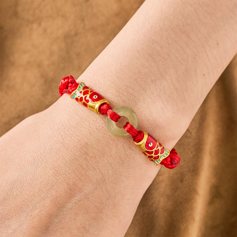 Buddha Stones Bracelet de prospérité Hetian Jade Peace Buckle Double Koi Fish à cordon rouge - image 4