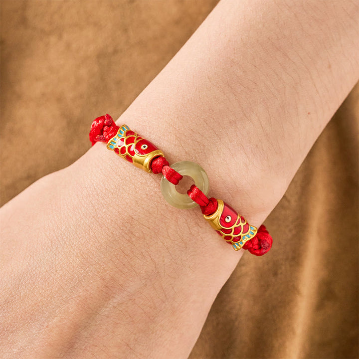 Buddha Stones Bracelet de prospérité Hetian Jade Peace Buckle Double Koi Fish à cordon rouge - image 4