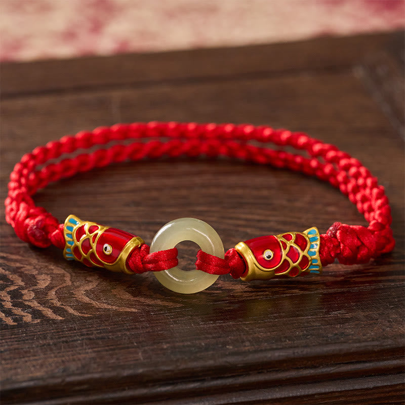 Buddha Stones Bracelet de prospérité Hetian Jade Peace Buckle Double Koi Fish à cordon rouge - Jade naturel (la couleur peut varier) - image 0