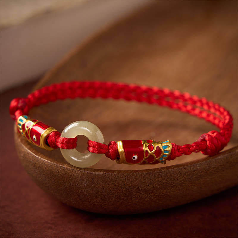 Buddha Stones Bracelet de prospérité Hetian Jade Peace Buckle Double Koi Fish à cordon rouge - image 2