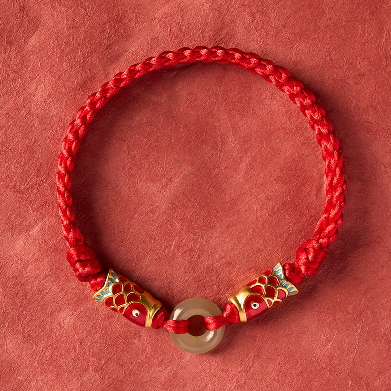 Buddha Stones Bracelet de prospérité Hetian Jade Peace Buckle Double Koi Fish à cordon rouge - image 3