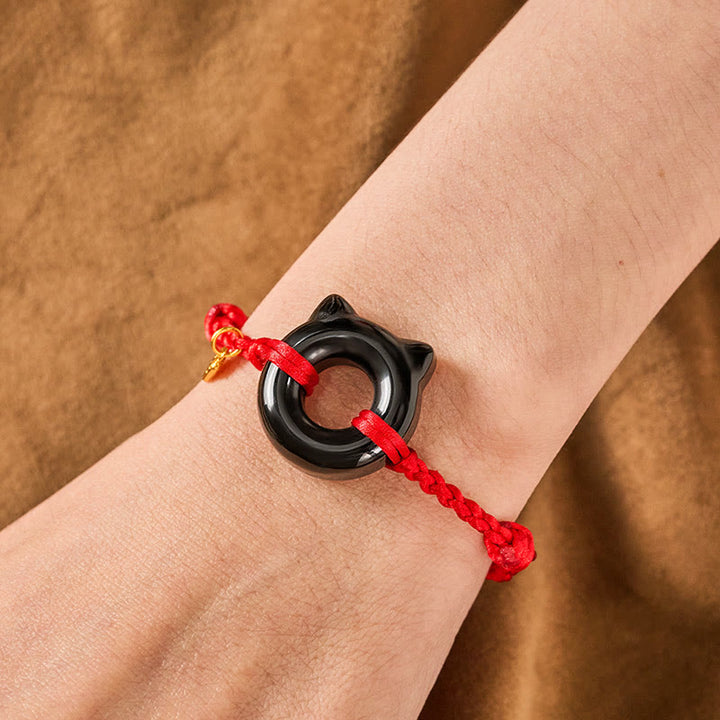 Buddha Stones Bracelet tressé de protection avec boucle de la paix en obsidienne noire, motif chat Fu et cordon rouge. - image 4