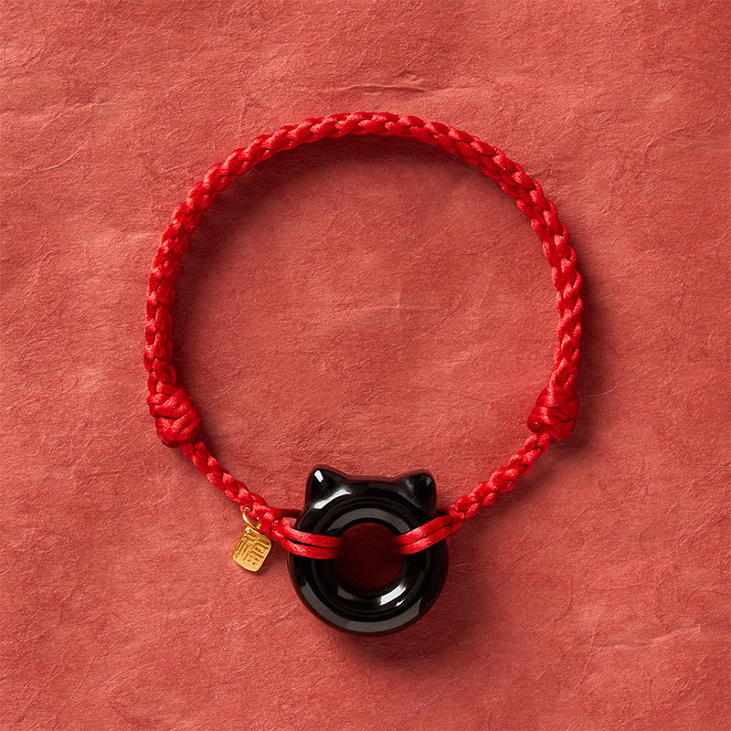 Buddha Stones Bracelet tressé de protection avec boucle de la paix en obsidienne noire, motif chat Fu et cordon rouge. - image 3
