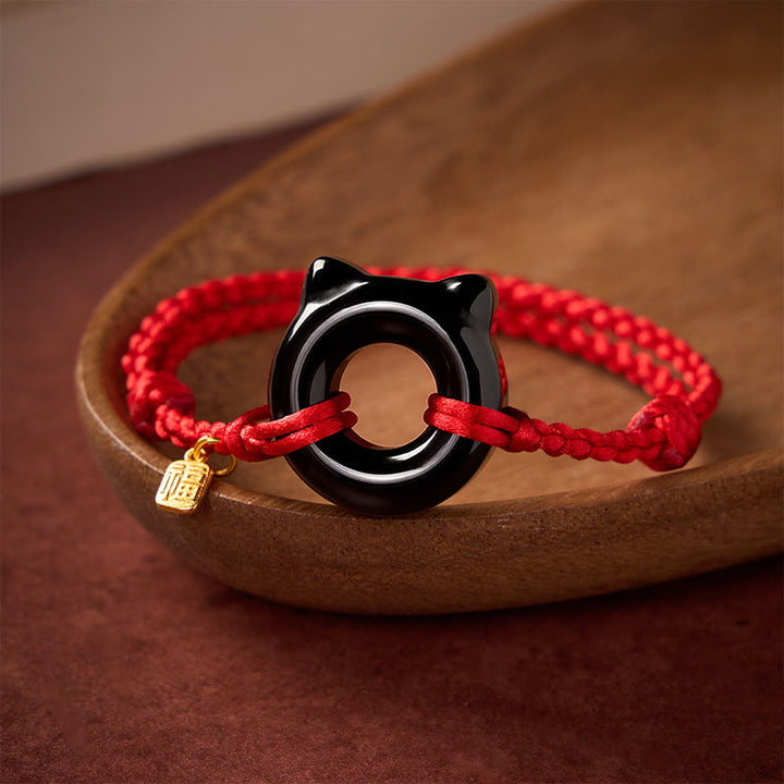 Buddha Stones Bracelet tressé de protection avec boucle de la paix en obsidienne noire, motif chat Fu et cordon rouge. - image 2